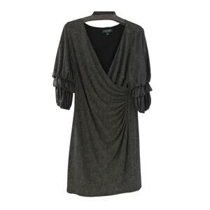 RALPH LAUREN Dress Faux Wrap V-neck Ruching 3/4 Sleeves Polka Dot WHTBLK  14